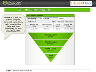 Review all of your GFD
analytics by opt-ins,
alerts sent, transactions,
sales amounts, time
frame and, most
importantly, we even
calculate your ROI.
Review all of your GFD
analytics by opt-ins,
alerts sent, transactions,
sales amounts, time
frame and, most
importantly, we even
calculate your ROI.
 