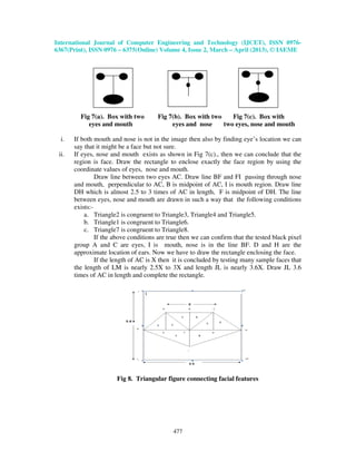 International Journal of Computer Engineering and Technology (IJCET), ISSN 0976-
6367(Print), ISSN 0976 – 6375(Online) Volume 4, Issue 2, March – April (2013), © IAEME
477
Fig 7(a). Box with two Fig 7(b). Box with two Fig 7(c). Box with
eyes and mouth eyes and nose two eyes, nose and mouth
i. If both mouth and nose is not in the image then also by finding eye’s location we can
say that it might be a face but not sure.
ii. If eyes, nose and mouth exists as shown in Fig 7(c)., then we can conclude that the
region is face. Draw the rectangle to enclose exactly the face region by using the
coordinate values of eyes, nose and mouth.
Draw line between two eyes AC. Draw line BF and FI passing through nose
and mouth, perpendicular to AC, B is midpoint of AC, I is mouth region. Draw line
DH which is almost 2.5 to 3 times of AC in length, F is midpoint of DH. The line
between eyes, nose and mouth are drawn in such a way that the following conditions
exists:-
a. Triangle2 is congruent to Triangle3, Triangle4 and Triangle5.
b. Triangle1 is congruent to Triangle6.
c. Triangle7 is congruent to Triangle8.
If the above conditions are true then we can confirm that the tested black pixel
group A and C are eyes, I is mouth, nose is in the line BF. D and H are the
approximate location of ears. Now we have to draw the rectangle enclosing the face.
If the length of AC is X then it is concluded by testing many sample faces that
the length of LM is nearly 2.5X to 3X and length JL is nearly 3.6X. Draw JL 3.6
times of AC in length and complete the rectangle.
Fig 8. Triangular figure connecting facial features
 