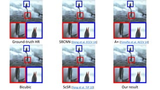 Bicubic
SRCNN [Dong et al. ECCV 14] A+ [Timofte et al. ACCV 14]
Our result
Ground-truth HR
ScSR [Yang et al. TIP 10]
 