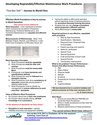 Developing Repeatable/Effective Maintenance Work Procedures
                                                      
“Tool Box Talk” – Journey to World Class 

 
Effective Work Procedures is key to success                 Having the ability to effect work execution
                                                             without spending money of training everyone –
in Work Execution                                            the procedure becomes training document.
           (You cannot survive without it)                  Knowing how you can change a procedure
Work Execution: is the maintenance function                  which produced a different outcome.
which involves how we perform Preventive                    Work effectiveness is measurable
Maintenance, Predictive Maintenance, and
Corrective Maintenance in a repeated and effective       Required sections in any effective, repeatable
manner.                                                  work procedure
                                                                Step by Step Procedures
Measurements of Effectiveness: Mean Time
Between Failure, Rework, Line Efficiency, Lower                 Specifications / Standards
Parts Cost, Emergency vs PM Labor Hours, etc.                   Required Parts / Potential Parts
                                                                    Consumables
                                                                Explicit warnings and cautions
                                                                Notes for clarification
                                                                Special Tools
                                                                Special Equipment
                                                                Craft and Number of Each Craft
                                                                Special Permits
Work Execution Principles:
  1. Work Procedures must be repeatable                         Coordination requirements
  2. Work Procedures must be clear and                   What is the problem? Human Performance -
      concise                                            Factors that affect Human Performance:
  3. Work Procedures must be measurable                     1. Age
      Work                                                  2. State of Mind
  4. Procedures must have standards and                     3. Physical Health
      specifications defined.                               4. Attitude
  5. Work Procedures must be followed in a                  5. Emotions
      discipline manner.
                                                            6. Propensity for Common Mistakes
  6. Work Procedures must drive consistency of
      execution (especially among people of                 7. Errors
      different skills levels).                             8. Cognitive Biases
  7. Work Procedures must be QA/QC by
      management to ensure adherence to work             “We have learned to live in a world of mistakes and
      execution standards                                defective products as if they were necessary to life”
                                                                                         – Dr. W. Edward Deming
Value of Effective Work Procedures
 No Concern about how to train new employees            Next Steps:
 No Concern about people retiring, all their               1. Ensure you have effective PM/PdM and
   knowledge is in a procedure.                                Corrective Work Procedures
                                                            2. Write or modify procedures so they meet the
“In the absence of standards we have chaos”                    standard above.
                                                            3. Measure performance of these procedures.
   Discipline in work execution = optimal
    reliability of process and equipment reliability.    “You cannot achieve World Class without it”
                            Join me Nov 8-10, 2011 in Charleston, SC for this awesome                        GPAllied
                                                                                                    4200 Faber Place 
                            workshop. Learn more at:                                           Charleston, SC 29405 
                         http://gpalliedtrainingdevelopingeffectiveworkprocedures‐             Office (843) 414‐5760 
                         eorg.eventbrite.com/                                                    Fax (843) 414‐5779 
                                                              
 
 