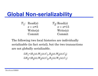 Distributed DBMS
Global Non-serializability
The following two local histories are individually
serializable (in fact serial), but the two transactions
are not globally serializable.
T1: Read(x) T2: Read(x)
x ←x+5 x ←xѽ15
Write(x) Write(x)
Commit Commit
LH1={R1(x),W1(x),C1,R2(x),W2(x),C2}
LH2={R2(x),W2(x),C2,R1(x),W1(x),C1}
 