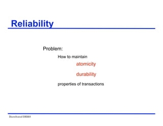 Distributed DBMS
Problem:
How to maintain
atomicity
durability
properties of transactions
Reliability
 