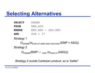 Distributed DBMS
SELECT ENAME
FROM EMP,ASG
WHERE EMP.ENO = ASG.ENO
AND DUR > 37
Strategy 1
ΠENAME(σDUR>37 EMP.ENO=ASG.ENO (EMP × ASG))
Strategy 2
ΠENAME(EMP ENO (σDUR>37 (ASG)))
Selecting Alternatives
Strategy 2 avoids Cartesian product, so is “better”
 