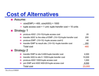 Distributed DBMS
 Assume:
 size(EMP) = 400, size(ASG) = 1000
 tuple access cost = 1 unit; tuple transfer cost = 10 units
 Strategy 1
 produce ASG': (10+10)ѽtuple access cost 20
 transfer ASG' to the sites of EMP: (10+10)ѽtuple transfer cost 200
 produce EMP': (10+10) ѽtuple access costѽ2 40
 transfer EMP' to result site: (10+10) ѽtuple transfer cost 200
Total cost 460
 Strategy 2
 transfer EMP to site 5:400ѽtuple transfer cost 4,000
 transfer ASG to site 5 :1000ѽtuple transfer cost 10,000
 produce ASG':1000ѽtuple access cost 1,000
 join EMP and ASG':400ѽ20ѽtuple access cost 8,000
Total cost 23,000
Cost of Alternatives
 