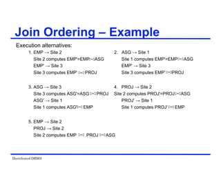 Distributed DBMS
Execution alternatives:
1. EMP → Site 2 2. ASG → Site 1
Site 2 computes EMP'=EMP ASG Site 1 computes EMP'=EMP ASG
EMP' → Site 3 EMP' → Site 3
Site 3 computes EMP’ PROJ Site 3 computes EMP’ PROJ
3. ASG → Site 3 4. PROJ → Site 2
Site 3 computes ASG'=ASG PROJ Site 2 computes PROJ'=PROJ ASG
ASG' → Site 1 PROJ' → Site 1
Site 1 computes ASG' EMP Site 1 computes PROJ' EMP
5. EMP → Site 2
PROJ → Site 2
Site 2 computes EMP PROJ ASG
Join Ordering – Example
 