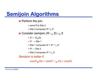 Distributed DBMS
 Perform the join
 send R to Site 2
 Site 2 computes R A S
 Consider semijoin (R A S) A S
 S' ← ∏A(S)
 S' → Site 1
 Site 1 computes R' = R A S'
 R' → Site 2
 Site 2 computes R' A S
Semijoin is better if
size(ΠA(S)) + size(R A S)) < size(R)
Semijoin Algorithms
 
