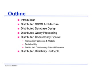 Distributed DBMS
Outline
 Introduction
 Distributed DBMS Architecture
 Distributed Database Design
 Distributed Query Processing
 Distributed Concurrency Control
 Transaction Concepts & Models
 Serializability
 Distributed Concurrency Control Protocols
 Distributed Reliability Protocols
 