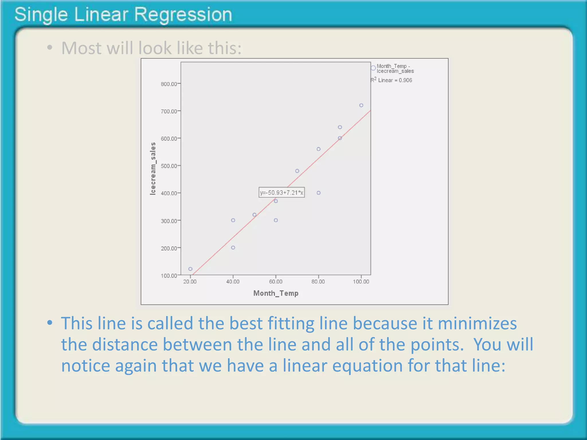 • Most will look like this: 
• This line is called the best fitting line because it minimizes 
the distance between the line and all of the points. You will 
notice again that we have a linear equation for that line: 
 