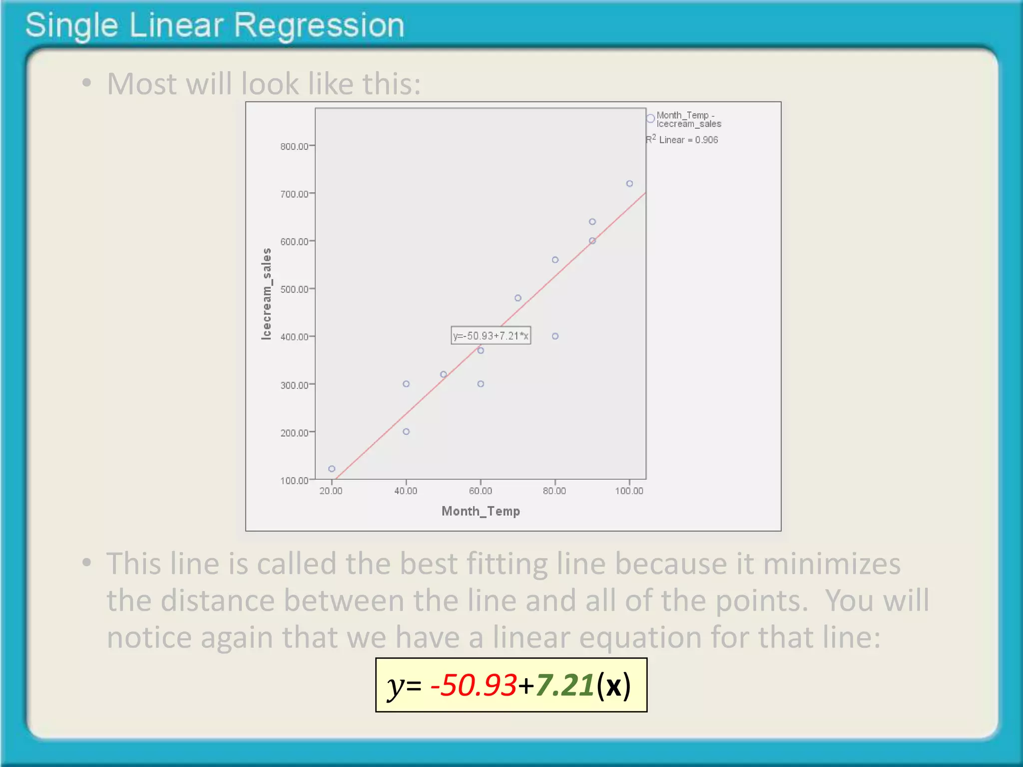 • Most will look like this: 
• This line is called the best fitting line because it minimizes 
the distance between the line and all of the points. You will 
notice again that we have a linear equation for that line: 
푦= -50.93+7.21(x) 
 