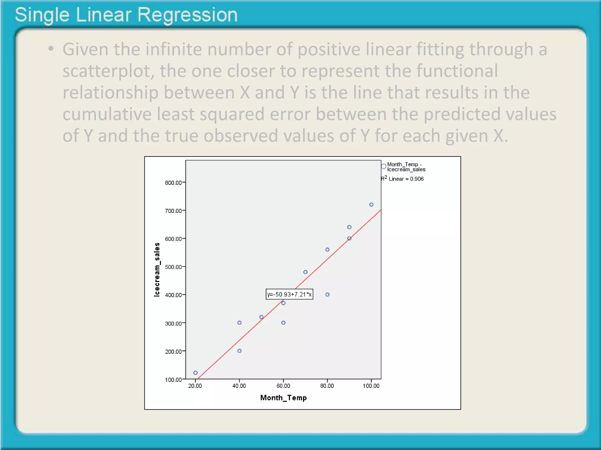 • Given the infinite number of positive linear fitting through a 
scatterplot, the one closer to represent the functional 
relationship between X and Y is the line that results in the 
cumulative least squared error between the predicted values 
of Y and the true observed values of Y for each given X. 
 