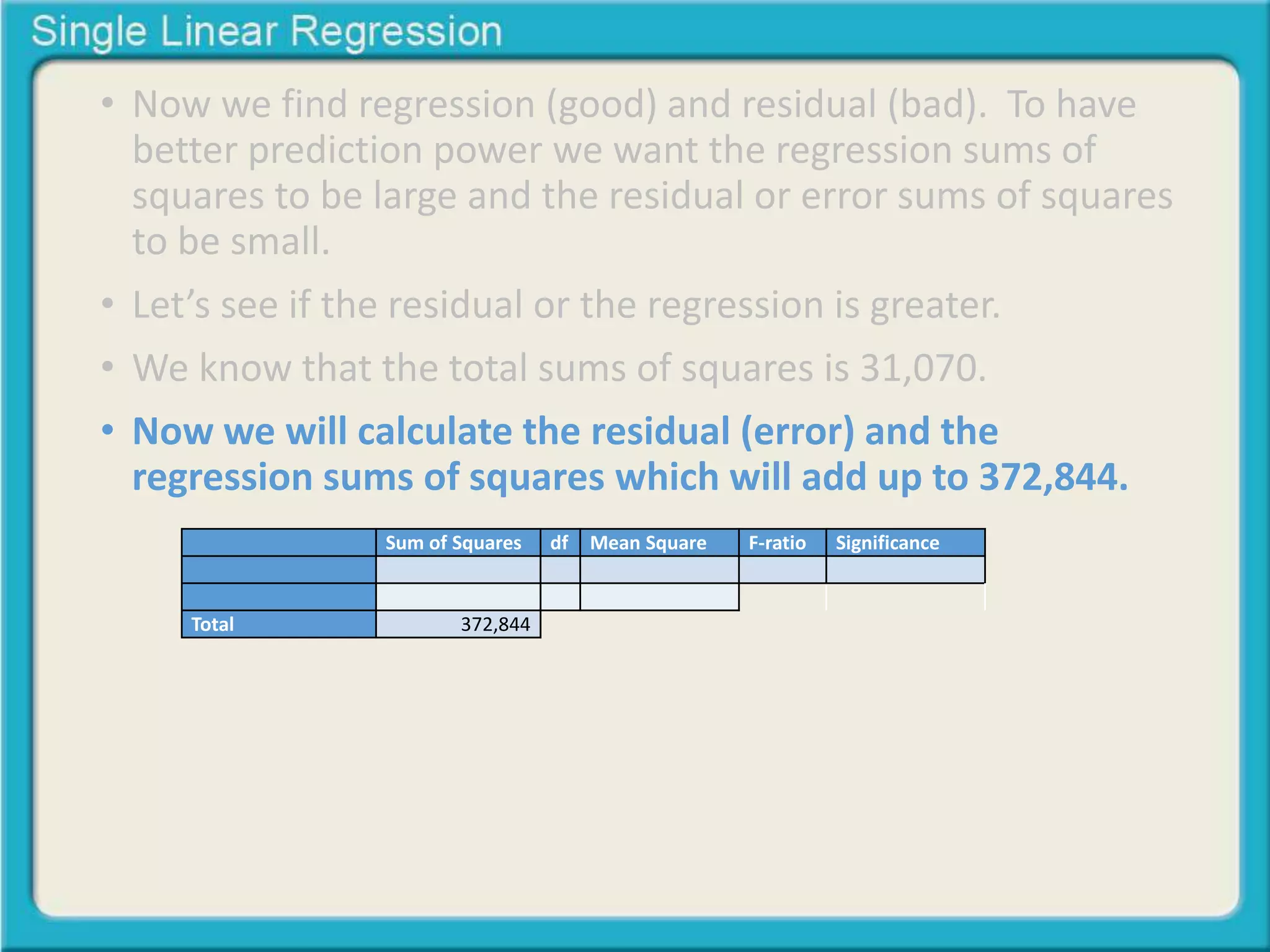 • Now we find regression (good) and residual (bad). To have 
better prediction power we want the regression sums of 
squares to be large and the residual or error sums of squares 
to be small. 
• Let’s see if the residual or the regression is greater. 
• We know that the total sums of squares is 31,070. 
• Now we will calculate the residual (error) and the 
regression sums of squares which will add up to 372,844. 
Sum of Squares df Mean Square F-ratio Significance 
Total 372,844 
 