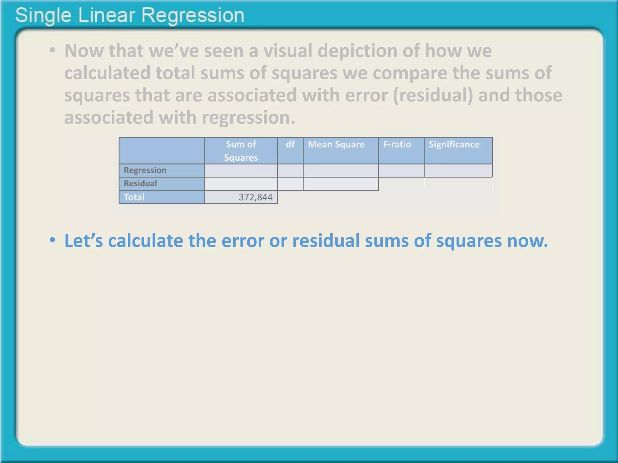 • Now that we’ve seen a visual depiction of how we 
calculated total sums of squares we compare the sums of 
squares that are associated with error (residual) and those 
associated with regression. 
Sum of 
Squares 
df Mean Square F-ratio Significance 
Regression 
Residual 
Total 372,844 
• Let’s calculate the error or residual sums of squares now. 
 