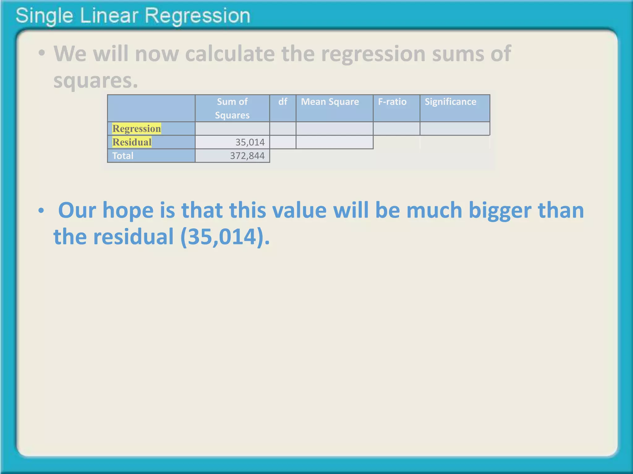 • We will now calculate the regression sums of 
squares. 
Sum of 
Squares 
df Mean Square F-ratio Significance 
Regression 
Residual 35,014 
Total 372,844 
• Our hope is that this value will be much bigger than 
the residual (35,014). 
 