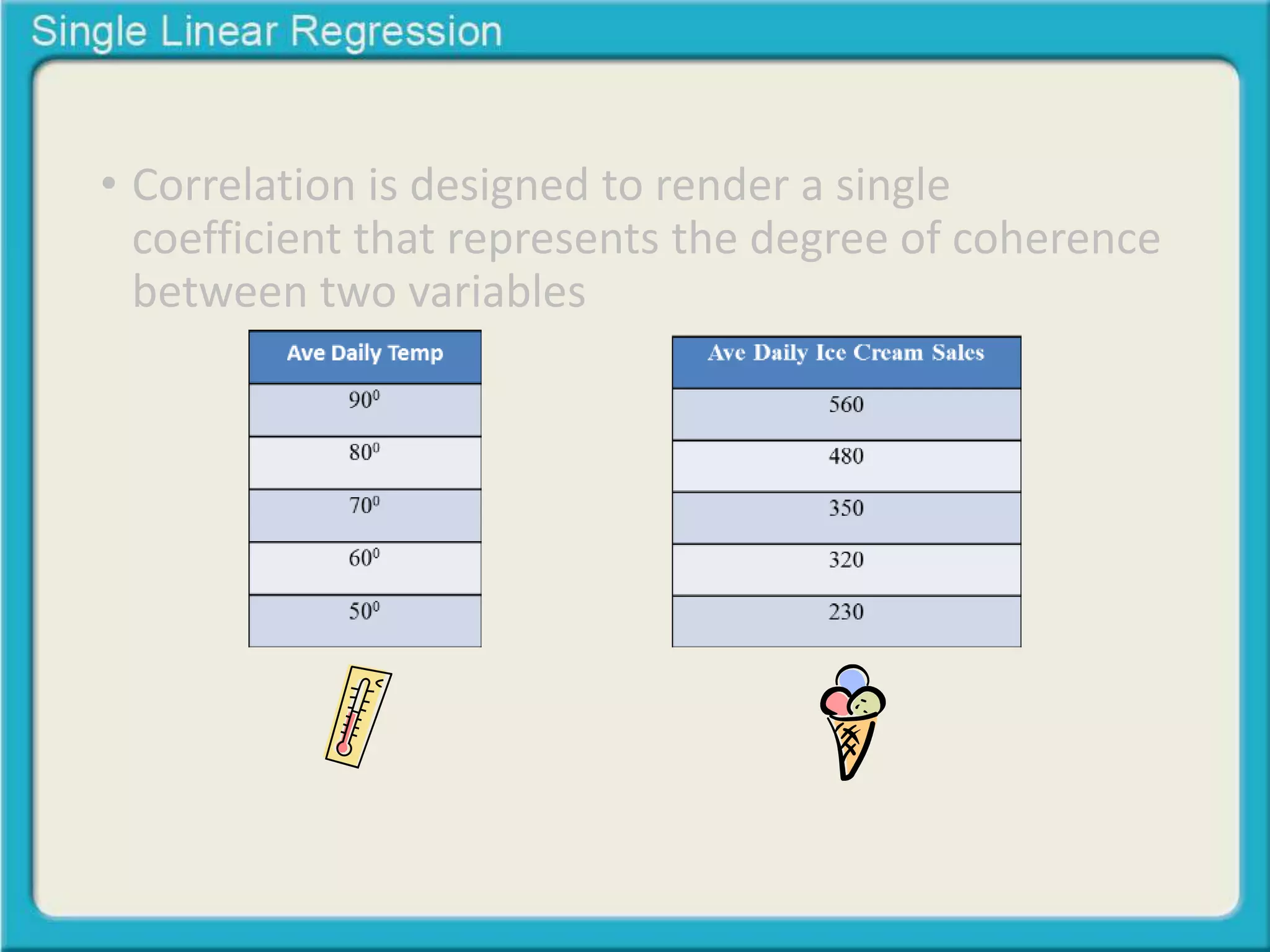 • Correlation is designed to render a single 
coefficient that represents the degree of coherence 
between two variables 
 