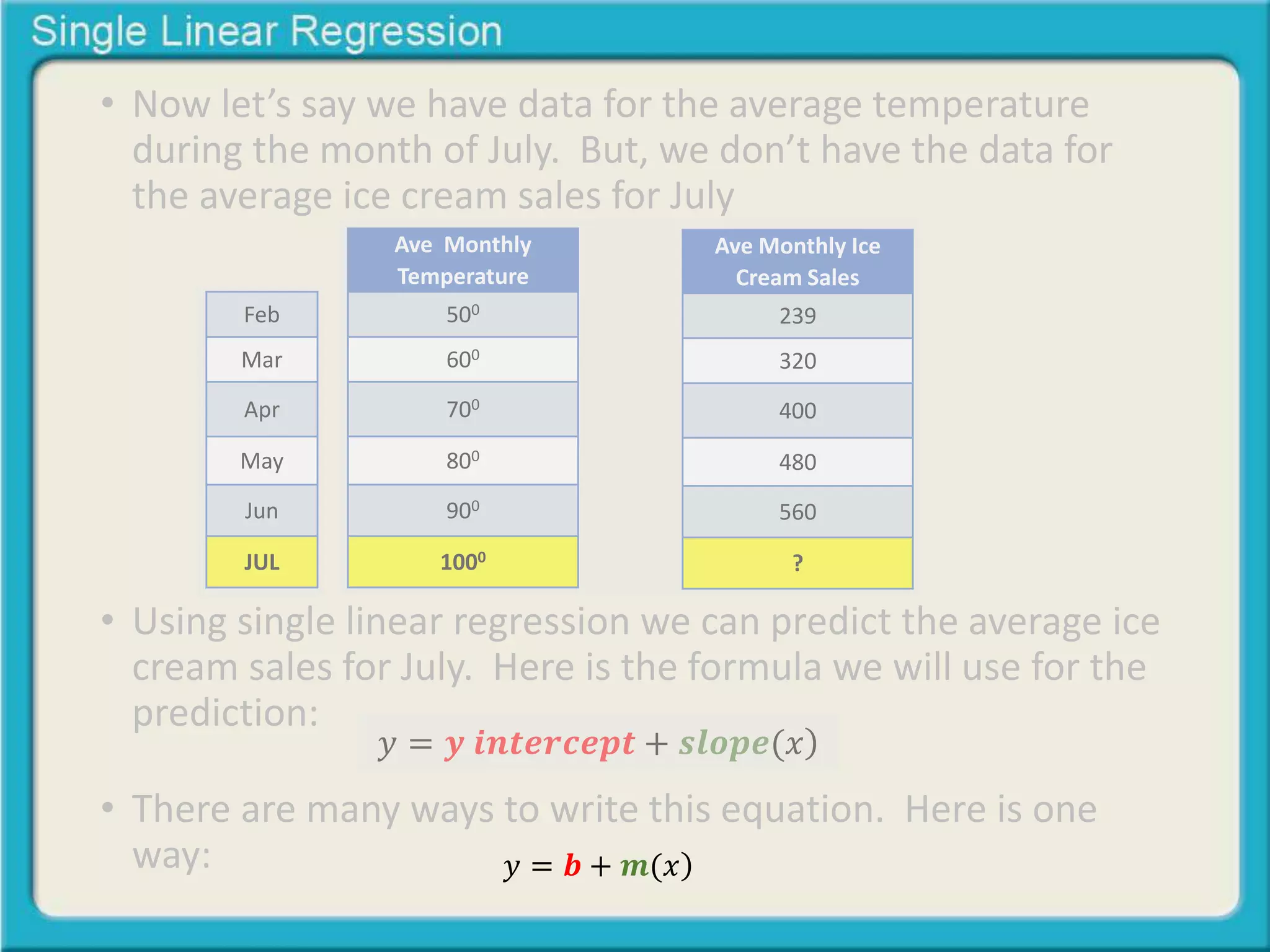 • Now let’s say we have data for the average temperature 
during the month of July. But, we don’t have the data for 
the average ice cream sales for July 
Feb 
Mar 
Apr 
May 
Jun 
JUL 
Ave Monthly 
Temperature 
500 
600 
700 
800 
900 
1000 
Ave Monthly Ice 
Cream Sales 
239 
320 
400 
480 
560 
? 
• Using single linear regression we can predict the average ice 
cream sales for July. Here is the formula we will use for the 
prediction: 
푦 = 풚 풊풏풕풆풓풄풆풑풕 + 풔풍풐풑풆(푥 
• There are many ways to write this equation. Here is one 
way: 
푦 = 풃 +풎(푥 
 