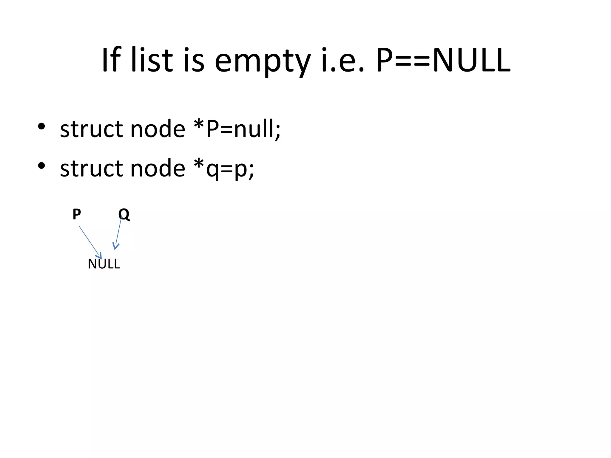 If list is empty i.e. P==NULL struct node *P=null; struct node *q=p; P Q NULL 