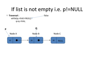 If list is not empty i.e. p!=NULL 10 20 30 Node A Node B Node C NULL P Q Traversal :  while(q->link!=NULL)  q=q->link; false 