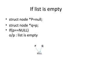 If list is empty P Q NULL struct node *P=null; struct node *q=p; If(p==NULL) o/p : list is empty 
