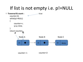 If list is not empty i.e. p!=NULL 10 20 30 Node A Node B Node C NULL P Q Traversal & count :  counter=0; while(q!=NULL) { counter++; q=q->link; } return counter; true counter= 1 counter=2 