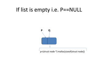 If list is empty i.e. P==NULL P Q p=(struct node *) malloc(sizeof(struct node)) 