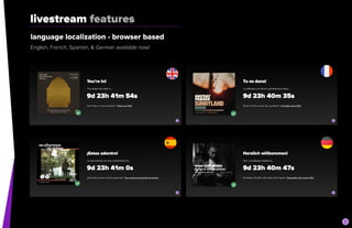 livestream features
language localization - browser based


English, French, Spanish, & German available now!
 