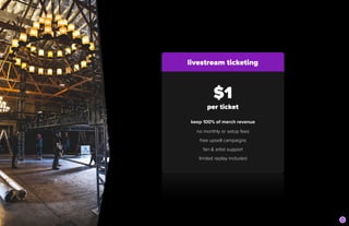 livestream ticketing
$1
per ticket
keep 100% of merch revenue


no monthly or setup fees


free upsell campaigns


fan & artist support


limited replay included
 