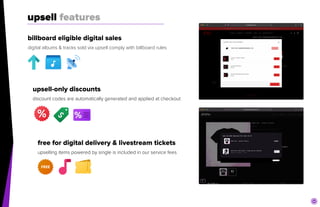 upsell features
upsell-only discounts


discount codes are automatically generated and applied at checkout
free for digital delivery & livestream tickets


upselling items powered by single is included in our service fees
billboard eligible digital sales


digital albums & tracks sold via upsell comply with billboard rules
 