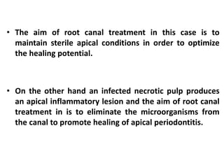 • The aim of root canal treatment in this case is to
maintain sterile apical conditions in order to optimize
the healing potential.
• On the other hand an infected necrotic pulp produces
an apical inflammatory lesion and the aim of root canal
treatment in is to eliminate the microorganisms from
the canal to promote healing of apical periodontitis.
 