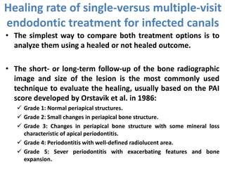 • The simplest way to compare both treatment options is to
analyze them using a healed or not healed outcome.
• The short- or long-term follow-up of the bone radiographic
image and size of the lesion is the most commonly used
technique to evaluate the healing, usually based on the PAI
score developed by Orstavik et al. in 1986:
 Grade 1: Normal periapical structures.
 Grade 2: Small changes in periapical bone structure.
 Grade 3: Changes in periapical bone structure with some mineral loss
characteristic of apical periodontitis.
 Grade 4: Periodontitis with well-defined radiolucent area.
 Grade 5: Sever periodontitis with exacerbating features and bone
expansion.
Healing rate of single-versus multiple-visit
endodontic treatment for infected canals
 