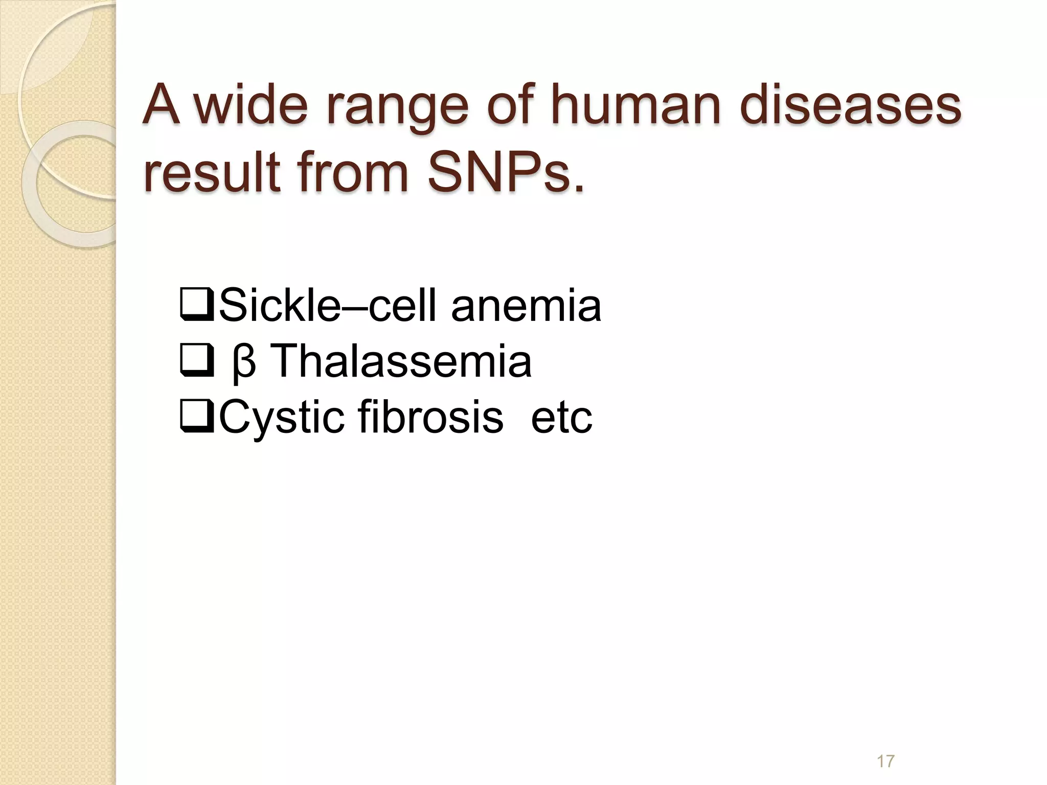 A wide range of human diseases
result from SNPs.
17
Sickle–cell anemia
 β Thalassemia
Cystic fibrosis etc
 