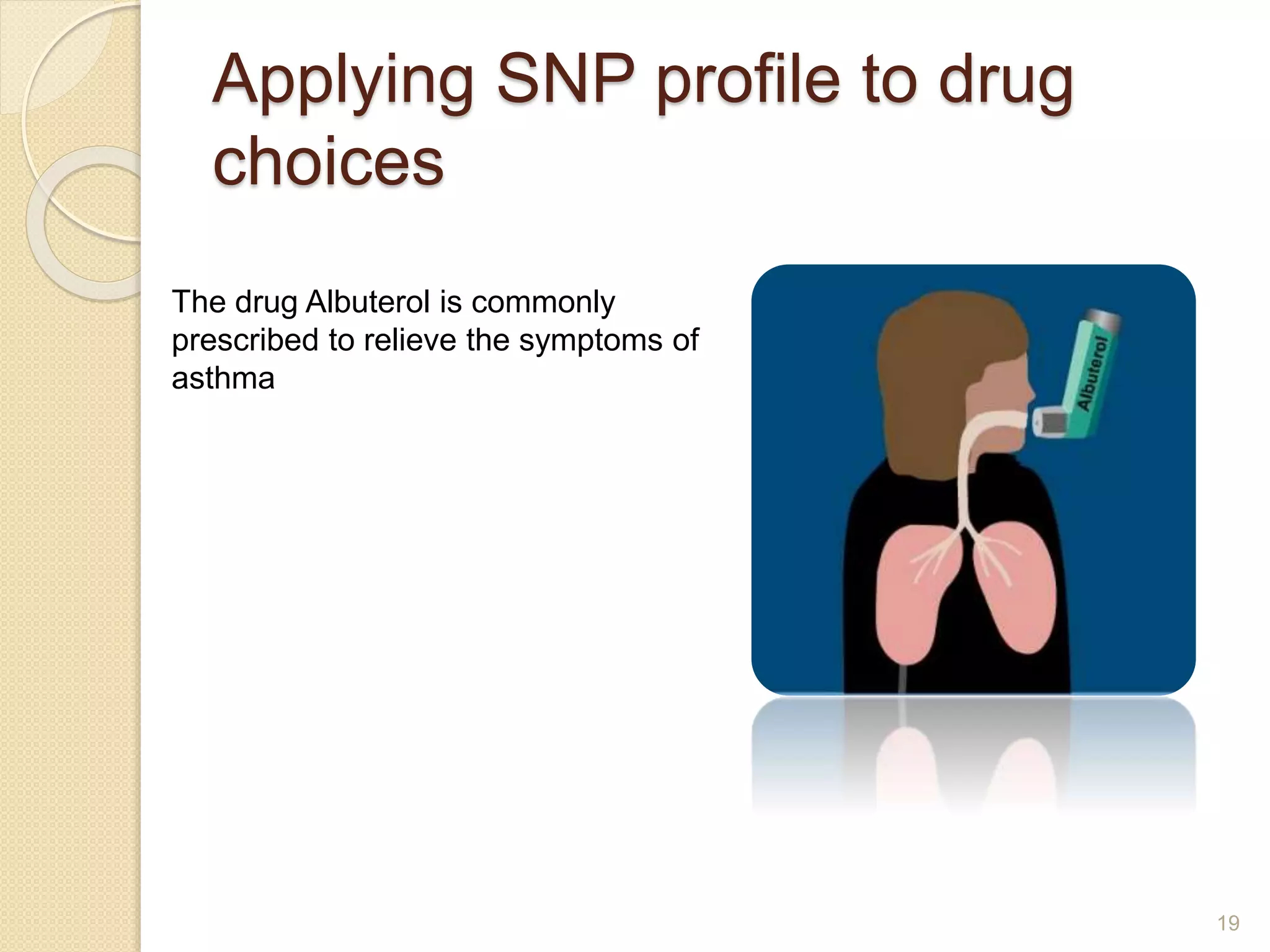 Applying SNP profile to drug
choices
19
The drug Albuterol is commonly
prescribed to relieve the symptoms of
asthma
 