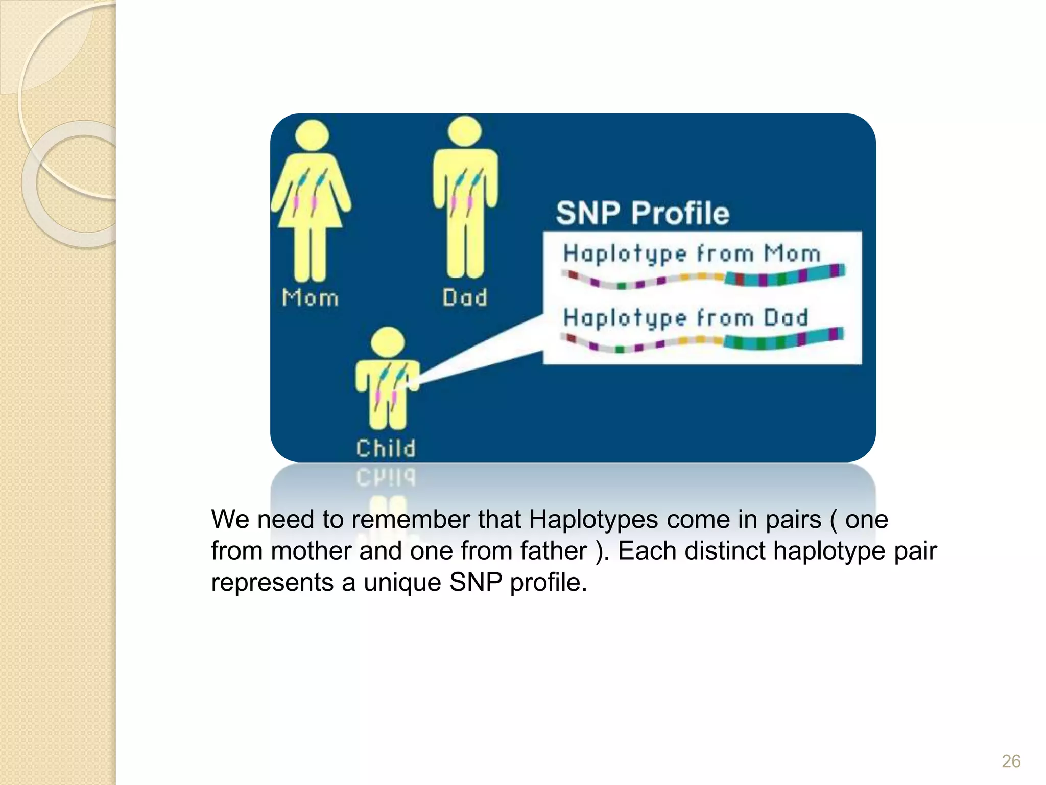 26
We need to remember that Haplotypes come in pairs ( one
from mother and one from father ). Each distinct haplotype pair
represents a unique SNP profile.
 