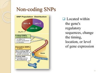 Non-coding SNPs
 Located within
the gene's
regulatory
sequences, change
the timing,
location, or level
of gene expression
11
 