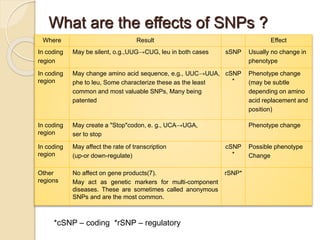 What are the effects of SNPs ?
Where Result Effect
In coding
region
May be silent, o.g.,UUG→CUG, leu in both cases sSNP Usually no change in
phenotype
In coding
region
May change amino acid sequence, e.g., UUC→UUA,
phe to leu, Some characterize these as the least
common and most valuable SNPs, Many being
patented
cSNP
*
Phenotype change
(may be subtle
depending on amino
acid replacement and
position)
In coding
region
May create a "Stop"codon, e. g., UCA→UGA,
ser to stop
Phenotype change
In coding
region
May affect the rate of transcription
(up-or down-regulate)
cSNP
*
Possible phenotype
Change
Other
regions
No affect on gene products(7).
May act as genetic markers for multi-component
diseases. These are sometimes called anonymous
SNPs and are the most common.
rSNP*
*cSNP – coding *rSNP – regulatory
 