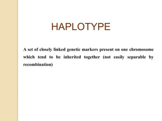 A set of closely linked genetic markers present on one chromosome
which tend to be inherited together (not easily separable by
recombination)
HAPLOTYPE
 