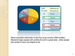 28
When scientists administer to the five most common SNP profiles.
Albuterol helps people with profiles B and E a great deal , while people
with profile D were not helped at all.
 