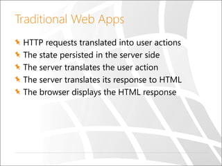 Traditional Web Apps
HTTP requests translated into user actions
The state persisted in the server side
The server translates the user action
The server translates its response to HTML
The browser displays the HTML response

 