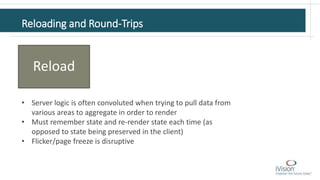 Reloading and Round-Trips
Reload
• Server logic is often convoluted when trying to pull data from
various areas to aggregate in order to render
• Must remember state and re-render state each time (as
opposed to state being preserved in the client)
• Flicker/page freeze is disruptive
 