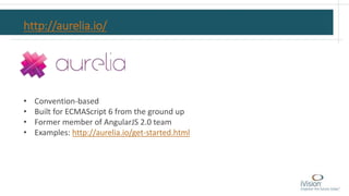 http://aurelia.io/
• Convention-based
• Built for ECMAScript 6 from the ground up
• Former member of AngularJS 2.0 team
• Examples: http://aurelia.io/get-started.html
 