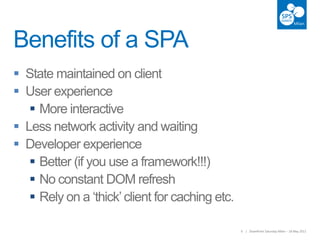 6 | SharePoint Saturday Milan – 18 May 20136 | SharePoint Saturday Milan – 18 May 2013
Benefits of a SPA








 