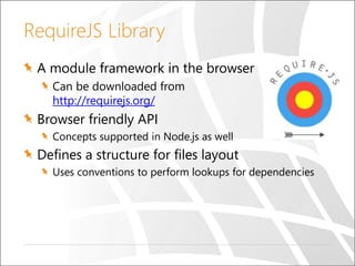 RequireJS Library
A module framework in the browser
Can be downloaded from
http://requirejs.org/
Browser friendly API
Conc...