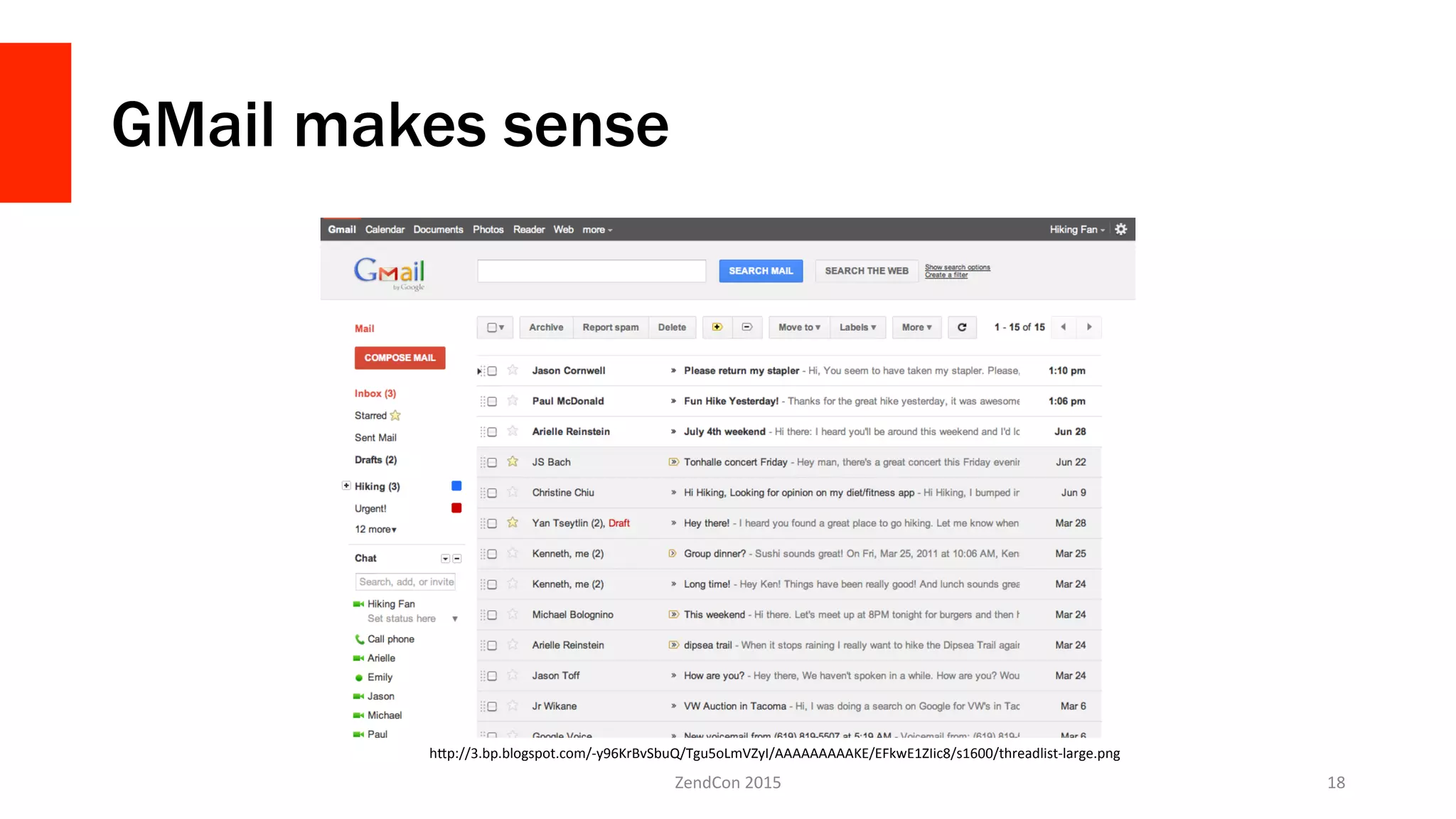 GMail makes sense
ZendCon	
  2015	
   18	
  
h>p://3.bp.blogspot.com/-­‐y96KrBvSbuQ/Tgu5oLmVZyI/AAAAAAAAAKE/EFkwE1ZIic8/s1600/threadlist-­‐large.png	
  
 