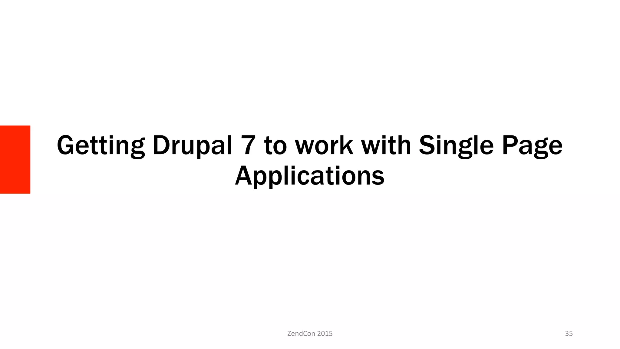 Getting Drupal 7 to work with Single Page
Applications
ZendCon	
  2015	
   35	
  
 