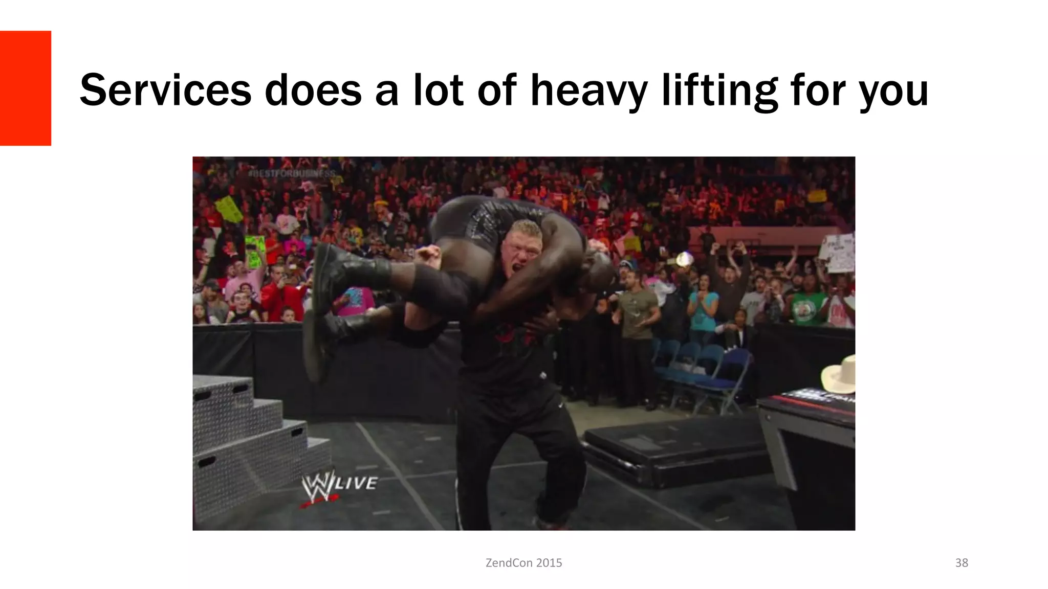 Services does a lot of heavy lifting for you
ZendCon	
  2015	
   38	
  
 