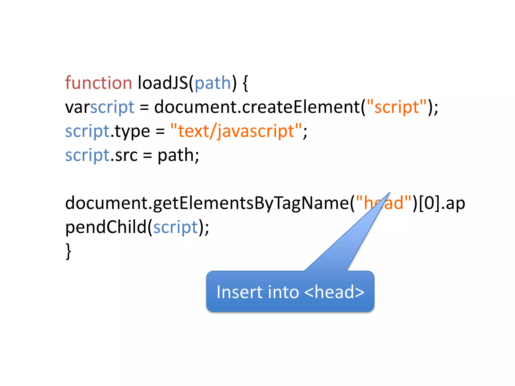 function loadJS(path) {varscript = document.createElement("script");script.type = "text/javascript";script.src = path;    document.getElementsByTagName("head")[0].appendChild(script);}Insert into <head>