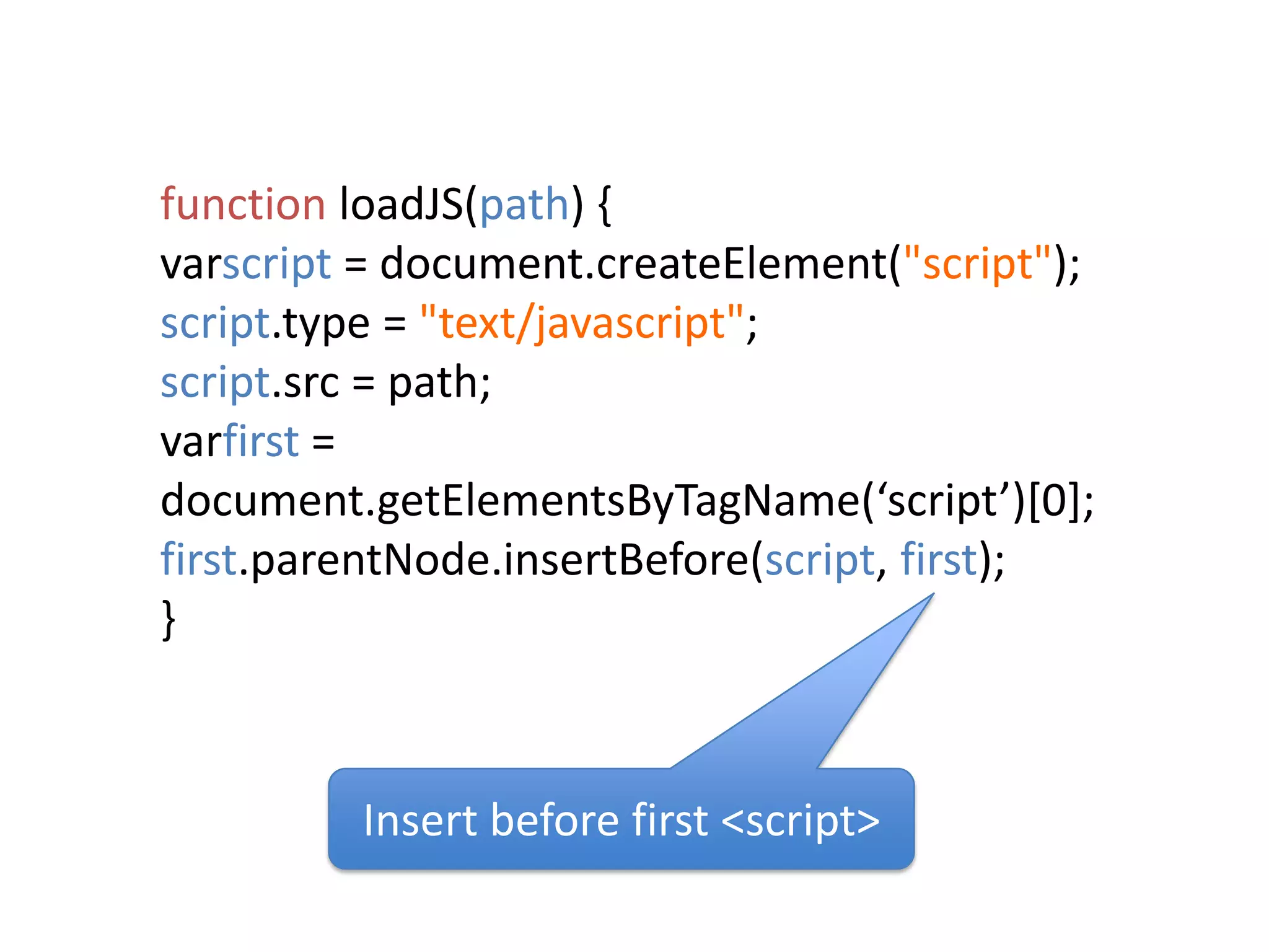 function loadJS(path) {varscript = document.createElement("script");script.type = "text/javascript";script.src = path;varfirst = document.getElementsByTagName(‘script’)[0];first.parentNode.insertBefore(script, first);}Insert before first <script>