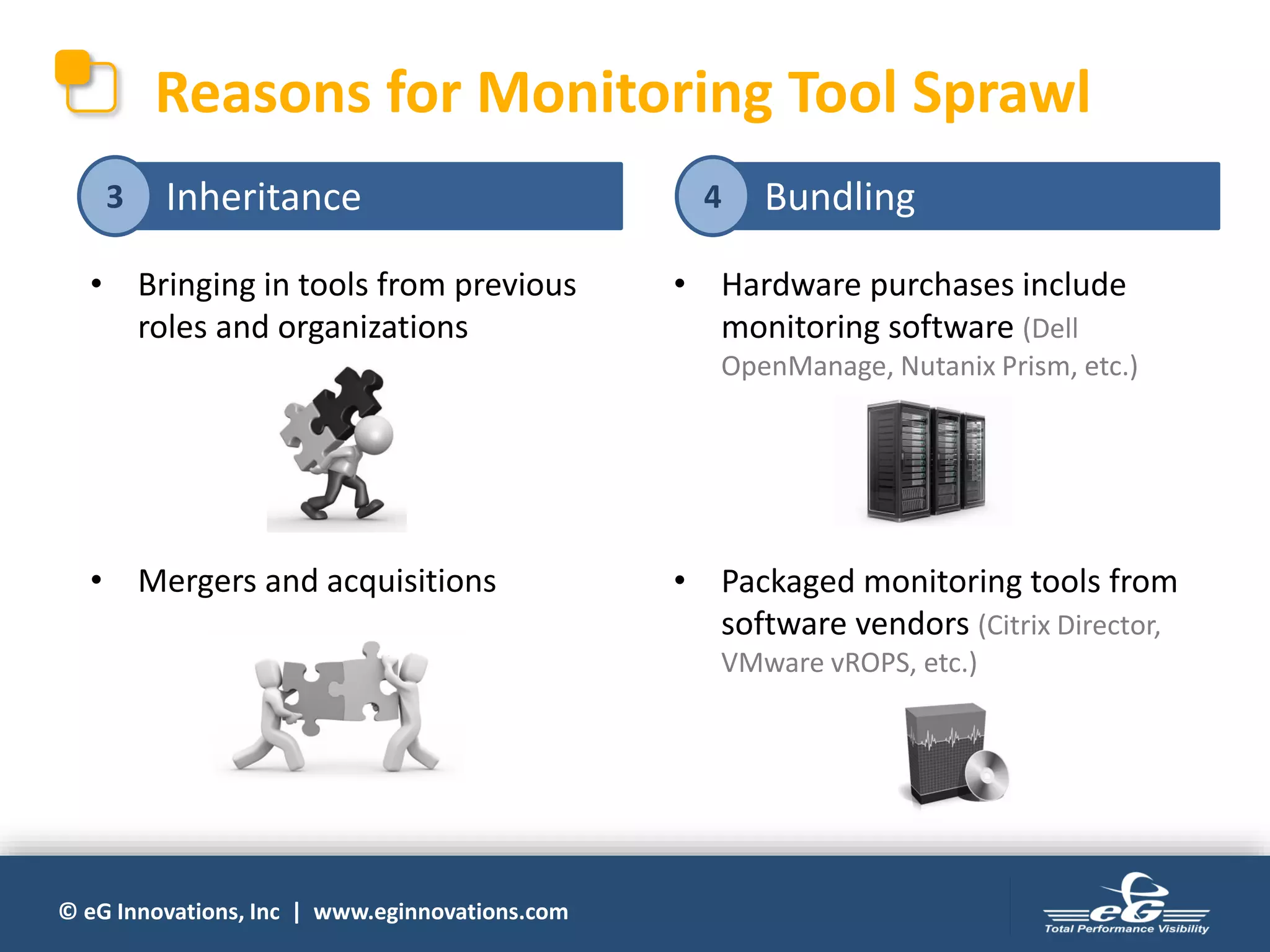 © eG Innovations, Inc | www.eginnovations.com
Inheritance
• Bringing in tools from previous
roles and organizations
• Mergers and acquisitions
Reasons for Monitoring Tool Sprawl
3 Bundling
• Hardware purchases include
monitoring software (Dell
OpenManage, Nutanix Prism, etc.)
• Packaged monitoring tools from
software vendors (Citrix Director,
VMware vROPS, etc.)
4
 