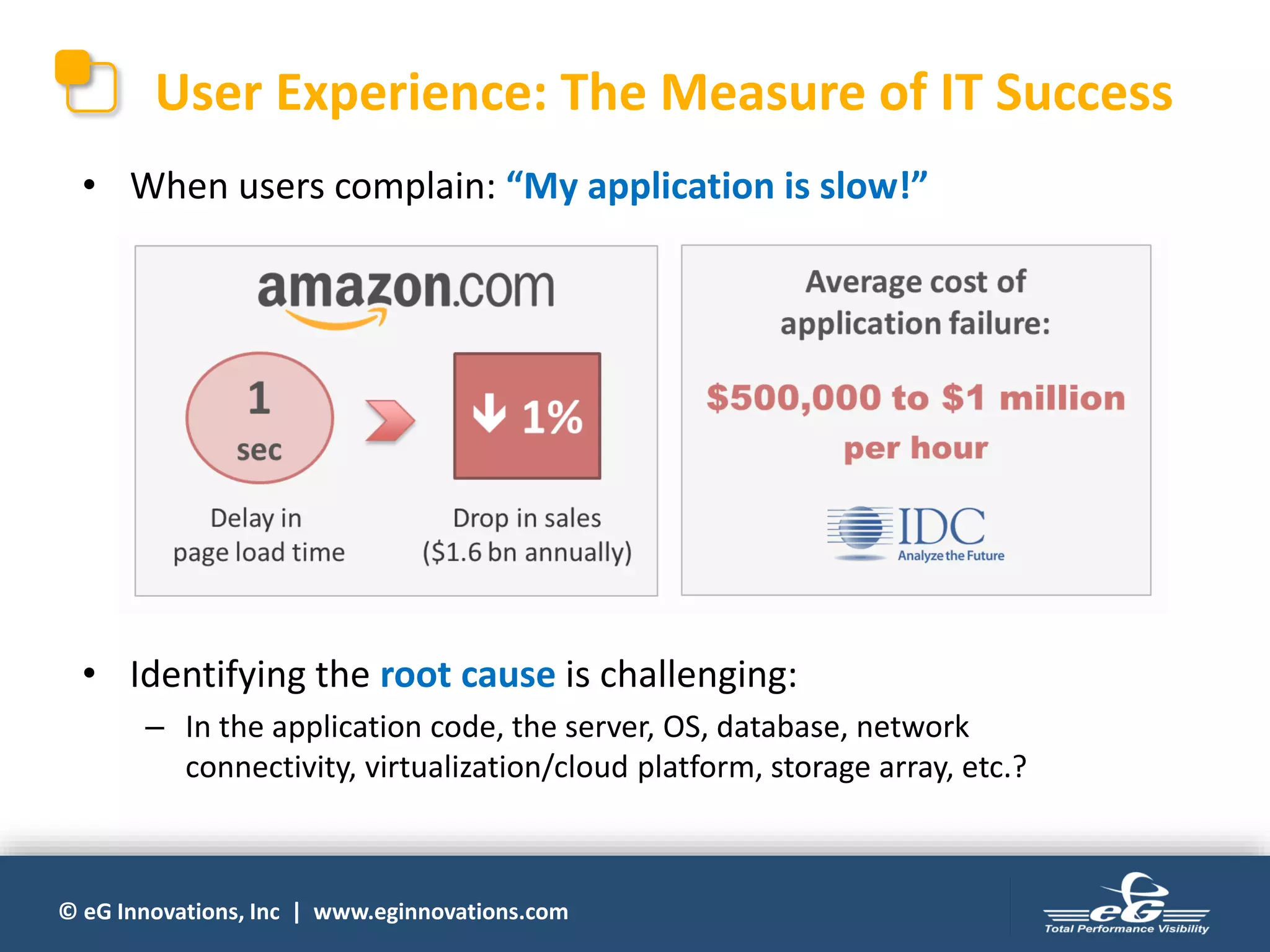 © eG Innovations, Inc | www.eginnovations.com
User Experience: The Measure of IT Success
• When users complain: “My application is slow!”
• Identifying the root cause is challenging:
– In the application code, the server, OS, database, network
connectivity, virtualization/cloud platform, storage array, etc.?
 