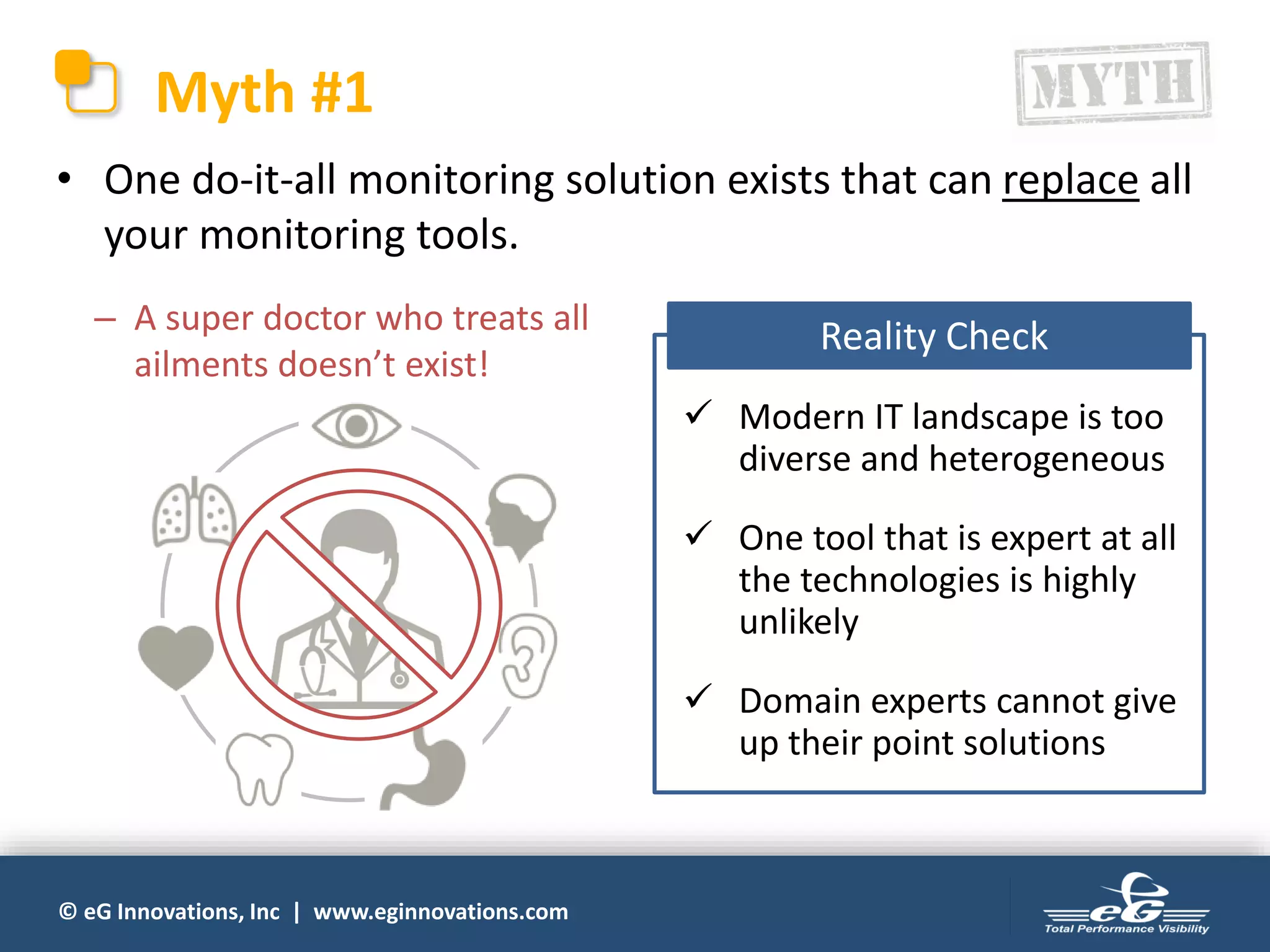 © eG Innovations, Inc | www.eginnovations.com
Myth #1
– A super doctor who treats all
ailments doesn’t exist!
• One do-it-all monitoring solution exists that can replace all
your monitoring tools.
✓ Modern IT landscape is too
diverse and heterogeneous
✓ One tool that is expert at all
the technologies is highly
unlikely
✓ Domain experts cannot give
up their point solutions
Reality Check
 