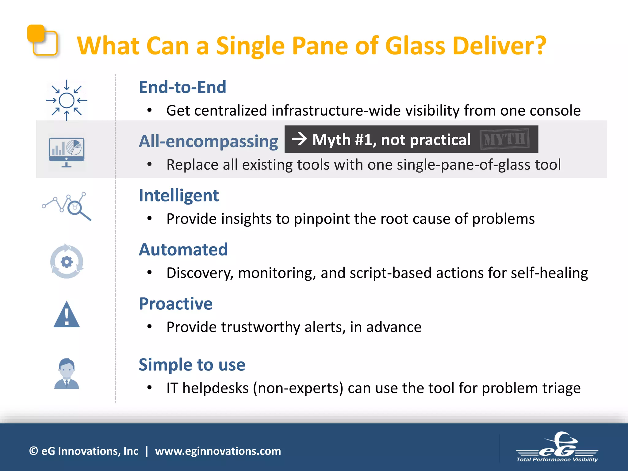 © eG Innovations, Inc | www.eginnovations.com
What Can a Single Pane of Glass Deliver?
• End-to-End
• Get centralized infrastructure-wide visibility from one console
• All-encompassing
• Replace all existing tools with one single-pane-of-glass tool
• Intelligent
• Provide insights to pinpoint the root cause of problems
• Automated
• Discovery, monitoring, and script-based actions for self-healing
• Proactive
• Provide trustworthy alerts, in advance
• Simple to use
• IT helpdesks (non-experts) can use the tool for problem triage
 Myth #1, not practical
 